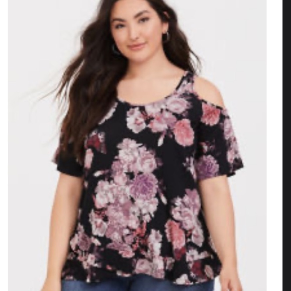 Black floral cold shoulder super soft top